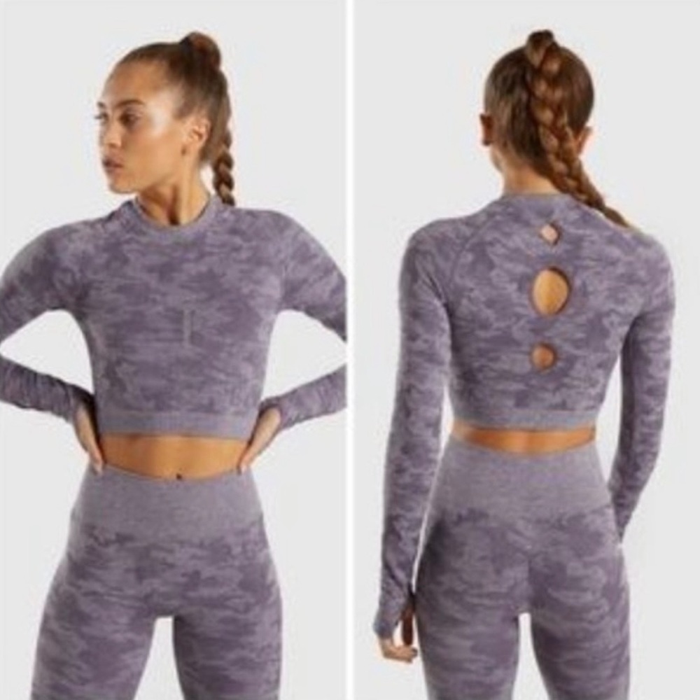 Long Sleeve Seamless Purple Camo Workout Crop Shirt Size Small